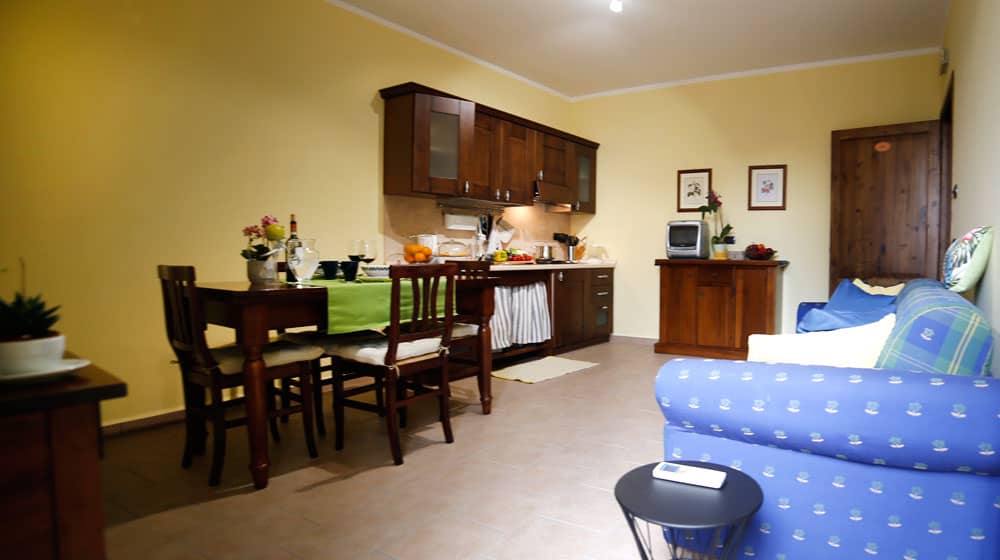 Clio. Welcoming living area with kitchenette and sofa bed. Le Muse Vacation Apartments Bevagna historic center