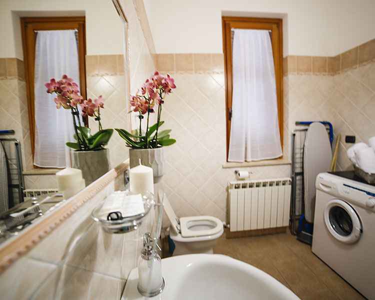 Bathroom with shower and washing machine - Le Muse holiday apartment Bevagna, Umbria, Italy
